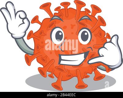 Microscopie électronique coronavirus mascotte dessin animé montrant le geste appelez-moi Illustration de Vecteur