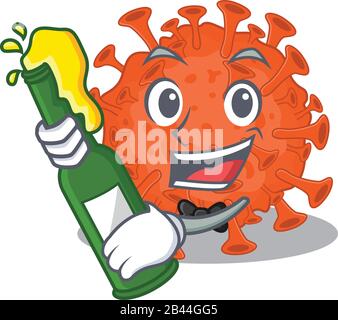 Coronavirus en microscopie électronique avec bouteille de style caricature de mascotte de bière Illustration de Vecteur