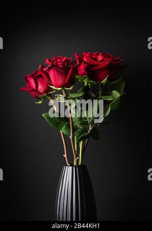 Magnifique bouquet de roses rouges dans un vase noir. Fond noir. Gros plan. Format vertical. Banque D'Images