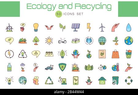 50 style de remplissage Icon set design, Ecology éco économiser vert naturel environnement protection et soin thème illustration vectorielle Illustration de Vecteur