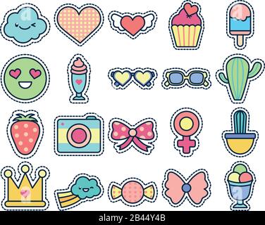 Éléments mignons ligne style remplissage Icon set design, expression Kawaii personnage drôle émoticône et enfance thème illustration vectorielle Illustration de Vecteur