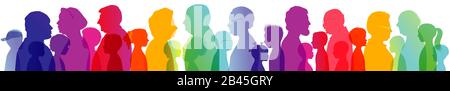 Communication entre les personnes âgées et les enfants. Silhouette profilée aux couleurs de l'arc-en-ciel avec groupe de grands-parents et petits-enfants. Parler. Parlez Banque D'Images