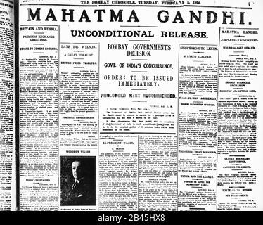 Mahatma Gandhi news sur la première page du journal The Bombay Chronicle, Bombay, Mumbai, Maharashtra, Inde, 5 février 1924, ancienne image du 1900 Banque D'Images