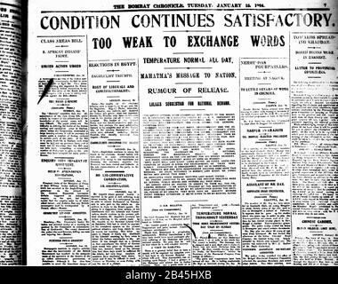 Mahatma Gandhi news sur la première page du journal The Bombay Chronicle, Bombay, Mumbai, Maharashtra, Inde, 15 janvier 1924, ancienne image du 1900 Banque D'Images