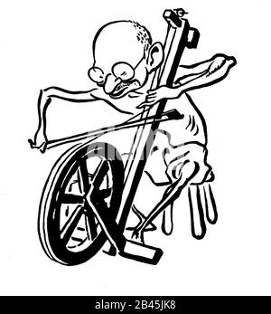 Dessin animé de Mahatma Gandhi avec roue tournante, Inde, ancienne image vintage 1900 Banque D'Images