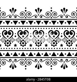 Style art folklorique à motif vectoriel sans couture scandinave, style nordique répétitif monochrome avec coeurs, fleurs, tourbillons et formes géométriques Illustration de Vecteur