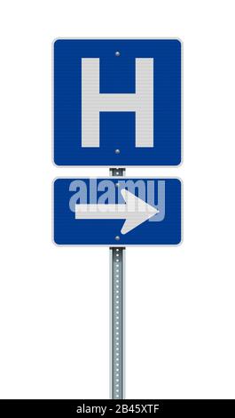 Illustration vectorielle du panneau bleu de la route de l'hôpital avec flèche sur le montant métallique Illustration de Vecteur
