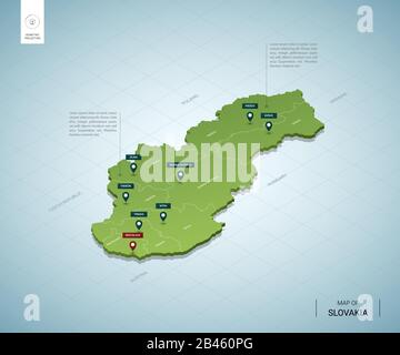 Carte stylisée de la Slovaquie. Carte verte isométrique tridimensionnelle avec villes, frontières, capitale Bratislava, régions. Illustration vectorielle. Les calques modifiables s'étiquetez clairement Illustration de Vecteur