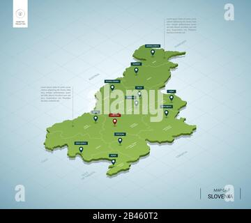 Carte stylisée de la Slovénie. Carte verte isométrique tridimensionnelle avec villes, frontières, capitale Ljubljana, régions. Illustration vectorielle. Les couches modifiables sont clairement des couches Illustration de Vecteur