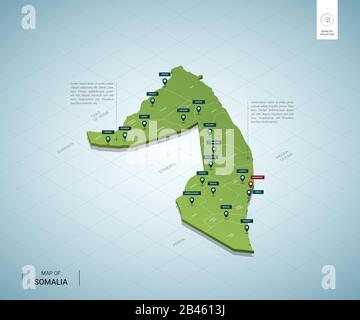 Carte stylisée de la Somalie. Carte verte isométrique tridimensionnelle avec villes, frontières, capitale Mogadiscio, régions. Illustration vectorielle. Couches modifiables clairement étiquetées Illustration de Vecteur