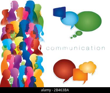 Concept de communication. Réseaux sociaux. Des personnes diverses. Grand groupe isolé dans le profil parlant silhouette. Bulle de la parole. La foule parle. Banque D'Images