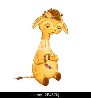 Jolie jeune girafe caractère avec des fleurs. Illustration de caractère cartographique d'un animal de safari isolé sur fond blanc Banque D'Images