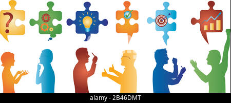Profil coloré personnes gestuelle. Pièces de puzzle avec symboles de résolution de problèmes. Solution d'entreprise. Équipe de résolution des problèmes de concept. Stratégie et succès. Illustration de Vecteur