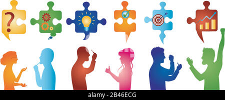 Profil coloré personnes gestuelle. Pièces de puzzle avec symboles de résolution de problèmes. Solution d'entreprise. Équipe de résolution des problèmes de concept. Stratégie et succès. Illustration de Vecteur