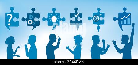 Profilez les personnes qui gesturent avec des pièces de puzzle avec des symboles de résolution de problèmes. Solution d'entreprise.équipe de résolution De Problèmes.Stratégie et succès.idée de partage Illustration de Vecteur