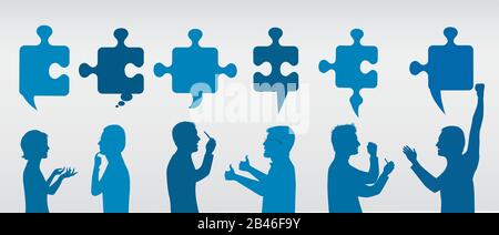 Profil des personnes gestuant avec des pièces de puzzle. Solution métier. Équipe de résolution des problèmes de concept. Stratégie et succès. Service client. Partager l'idée. Bleu Illustration de Vecteur