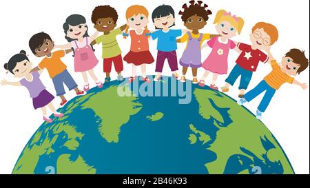 Globe terrestre avec groupe d'enfants multiethniques et divers se tenant ensemble et s'embrassant mutuellement. Diversité et culture. Unité et amitié. Illustration de Vecteur