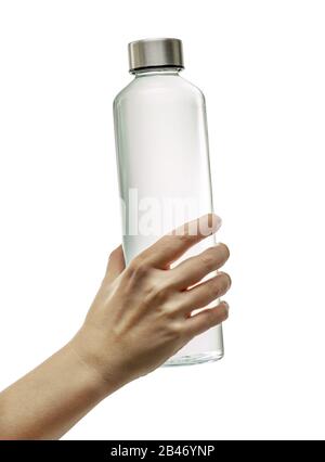 Flacon en verre réutilisable à main avec eau potable isolée sur fond blanc Banque D'Images