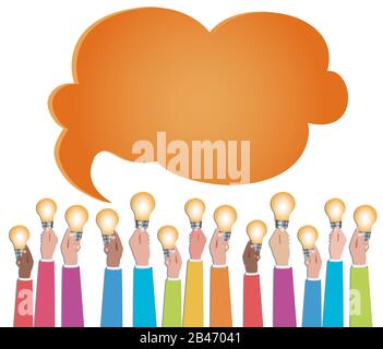 Personnes multiethniques qui communiquent en ligne via le Web. Partager des idées. Mains avec ampoules. Réseau social communautaire de communication et de discussion.Tald Illustration de Vecteur
