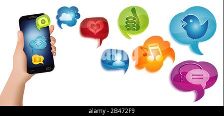 Concept médias sociaux icônes d'application isolées. Communauté. Mise en réseau globale.partager des informations.App Symbols interface numérique.Multimedia Speech Bubble Banque D'Images