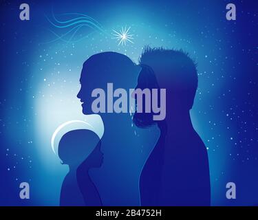 Scène de Noël de la nativité. Profils de silhouette bleue avec Joseph - Marie et bébé Jésus. Exposition multiple. Comet et stars Banque D'Images