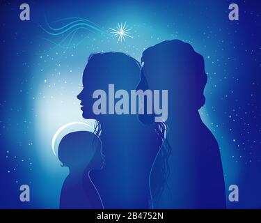 Scène de Noël de la nativité. Profils de silhouette bleue avec Joseph - Marie et bébé Jésus Banque D'Images