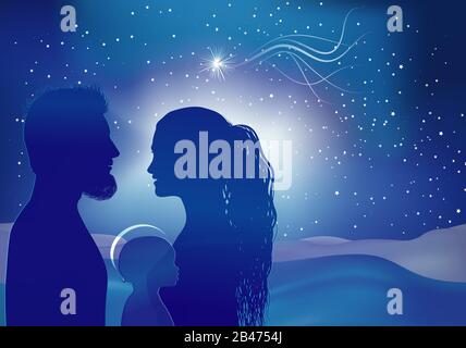 Scène de Noël de la nativité. Profils de silhouette avec Joseph - Marie - bébé Jésus et comète star sur fond bleu Banque D'Images