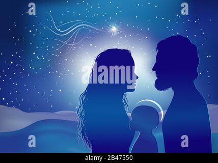 Scène de Noël de la nativité. Profils de silhouette avec Joseph - Marie - bébé Jésus et comète star Banque D'Images
