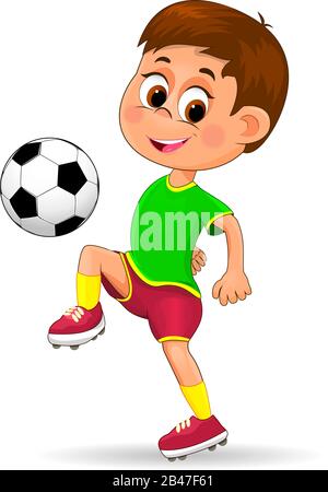 Joueur de football avec un ballon. L'enfant est vêtu de vêtements de sport d'un joueur de football. Garçon avec un ballon de football sur un fond blanc. Illustration de Vecteur