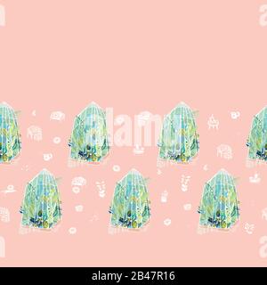 Style de vie hygge vectoriel boder à demi-goutte à effet de serre exotique avec plantes, serre-verre, ustensile de jardin sur fond rose. Joyeux motif plantes tropicales. Parfait pour les amoureux du jardin et des plantes. Illustration de Vecteur