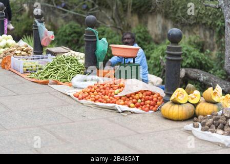 Galle Sri Lanka: 03/24/2019: Vendeur de rue vendant des fruits et légumes au bord de la route. Banque D'Images