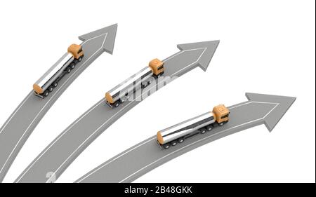 Trois essence-citerne vont dans différentes directions isolées sur le blanc au-dessus de la vue. rendu tridimensionnel Banque D'Images