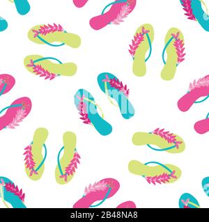 Chaussure flop sur fond de motif vectoriel sans coutures sur la plage. Sandales et fleurs élégantes avec toile de fond au bord de l'océan. Couleurs tropicales. Imprimé été chaud sur toute la page Illustration de Vecteur