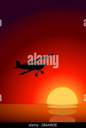 Illustration coucher de soleil avec avion et océan Illustration de Vecteur