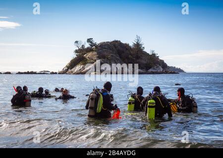 Horseshoe Bay, West Vancouver (Colombie-Britannique), Canada - 29 février 2020: Plongée sous-marine Diver se préparer à faire de la plongée au parc Whytecliff pendant l'hiver ensoleillé Banque D'Images