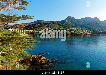 France, Var, Saint Raphaël, Esterel Corniche, crique d'Anthor, commune de Saint Raphaël Agay, massif d'Estérel, baie d'Agay avec en arrière-plan le Cap Roux Banque D'Images