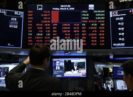 New York, États-Unis. 06 mars 2020. Un moniteur de la Bourse de New York montre que le président Trump a signé une facture de 8,3 milliards de dollars pour financer la lutte contre le coronavirus à la cloche d'ouverture de Wall Street à New York le vendredi 6 mars 2020. Les stocks continuent de diminuer sur les craintes de Coronavirus. Le Dow chute plus de 500 points à l'ouverture comme une semaine turbulent sur Wall Street vient à une fin. Photo par John Angelillo/UPI crédit: UPI/Alay Live News Banque D'Images