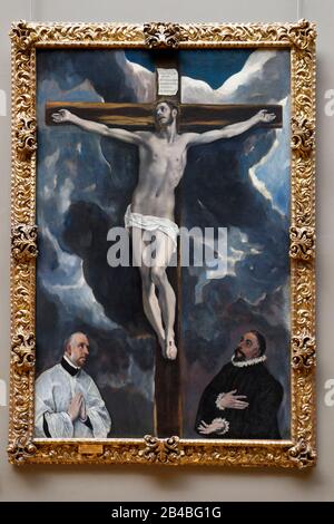 France, Paris, site du patrimoine mondial de l'UNESCO, Musée du Louvre, Département des peintures espagnoles, Christ sur la Croix adoré par deux donateurs d'El Greco (Domenico Theotocopoulos) Banque D'Images