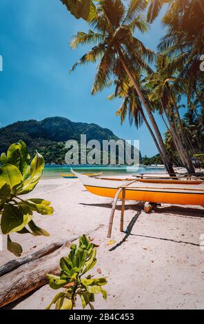Bateaux en bois sous les palmiers sur la plage de sable de Corong corong, El Nido, Palawan, Philippines. Banque D'Images