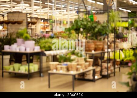 Atelier de fleurs d'arrière-plan flouté. Vitrine avec fleurs Banque D'Images