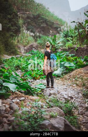 Fille admirez les plantes de lotus sur son chemin dans la vallée verte luxuriante des montagnes. Santo Antao. Cap-Vert. Banque D'Images