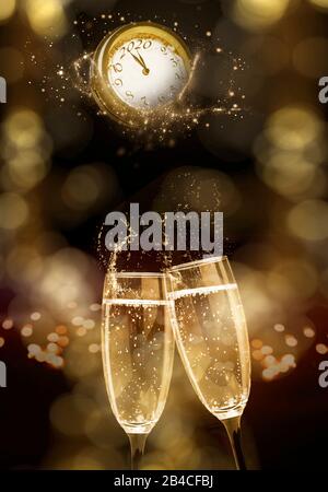 Deux verres à champagne et horloge à la Saint-Sylvestre 2020 Banque D'Images
