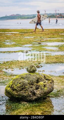 Des pierres de style zen Couvertes de Moos on Beach pendant le Basse-Tide, la réflexion sur l'eau de Nice, les surfeurs Lonely défocused marchent sur l'arrière-plan, Nusa Dua, Bali, Indonésie. Banque D'Images