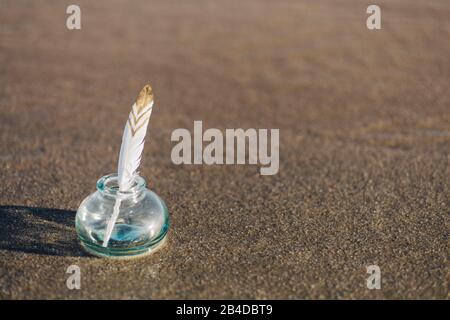 Plumes avec motif dans un verre sur la plage Banque D'Images