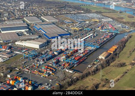 Vue aérienne, emplacement logistique Duisport, Container Harbour Logport I, Rheinhausen, Duisburg, Ruhr, Rhénanie-du-Nord-Westphalie, Allemagne, Banque D'Images