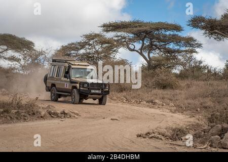 Tanzanie, Nord de la Tanzanie, Parc national du Serengeti, cratère de Ngorongoro, Tarangire, Arusha et lac Manyara, jeep sur une route poussiéreuse Banque D'Images