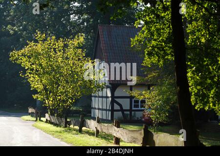 Maison à colombages en automne, Fischerhude, Basse-Saxe, Allemagne, Europe Banque D'Images