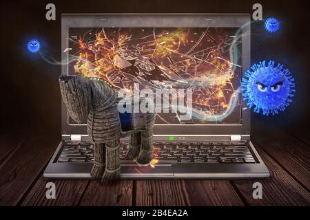 le cheval de troie traverse le pare-feu à partir d'une illustration 3d d'ordinateur Banque D'Images