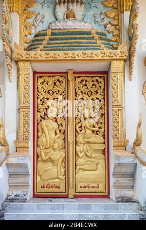 Laos, Vientiane, Wat Ong Teu Mahaiwihan, Détail De Porte Banque D'Images