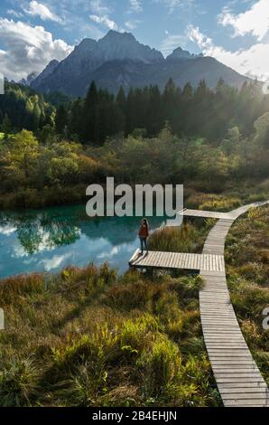 Réserve naturelle de Zelenci en Slovénie. Photo portrait d'une fille debout près d'un lac aux eaux cristallines et regardant les Alpes. Banque D'Images